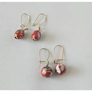 2 Pair Cloisonné Earrings Red Gold Tone Ball Dangle Flower Colorful